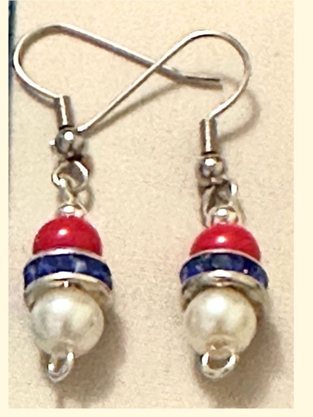 Handmade Patriotic Red White Blue Bead Dangle Stainless Steel Earrings Americana